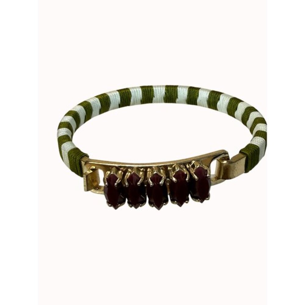 J.Crew Gold-Tone Bracelet With Maroon Stones & Green/White Striped Band Hinged